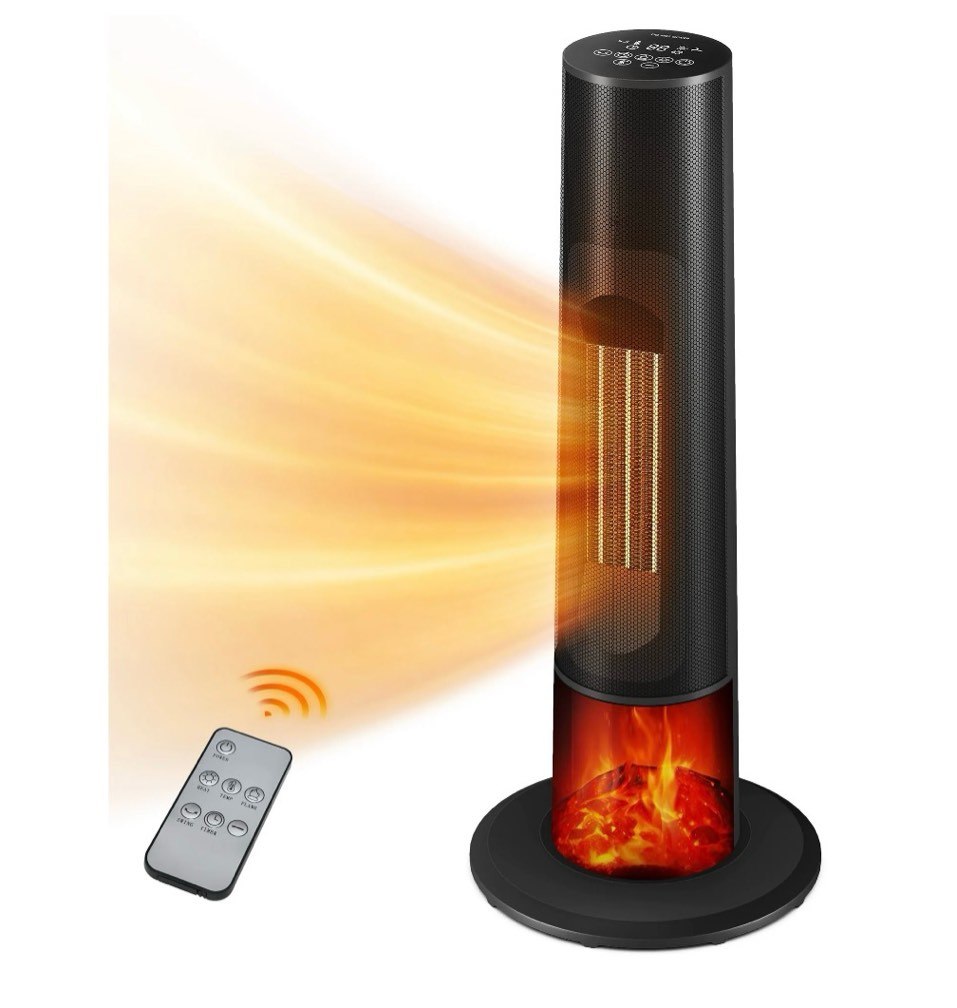 flamemore tower space heaters with fireplace 1500w,portable electric heater with 12h timer, remote control, oscillation tip-over and overheat protection for home & office