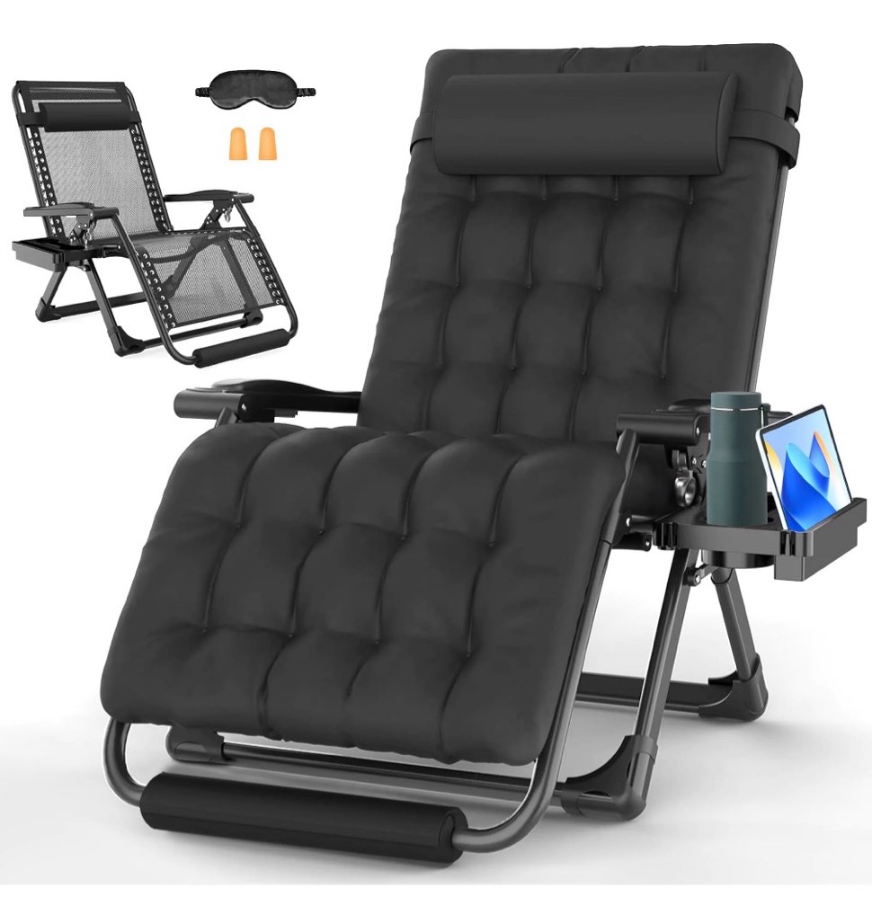 gvdv oversized zero gravity chair, 33in xxl lounge chair 500lbs capcity with removable thick cushion, lawn patio reclining chair upgraded alloy lock and cup holder, for indoor outdoor, black
