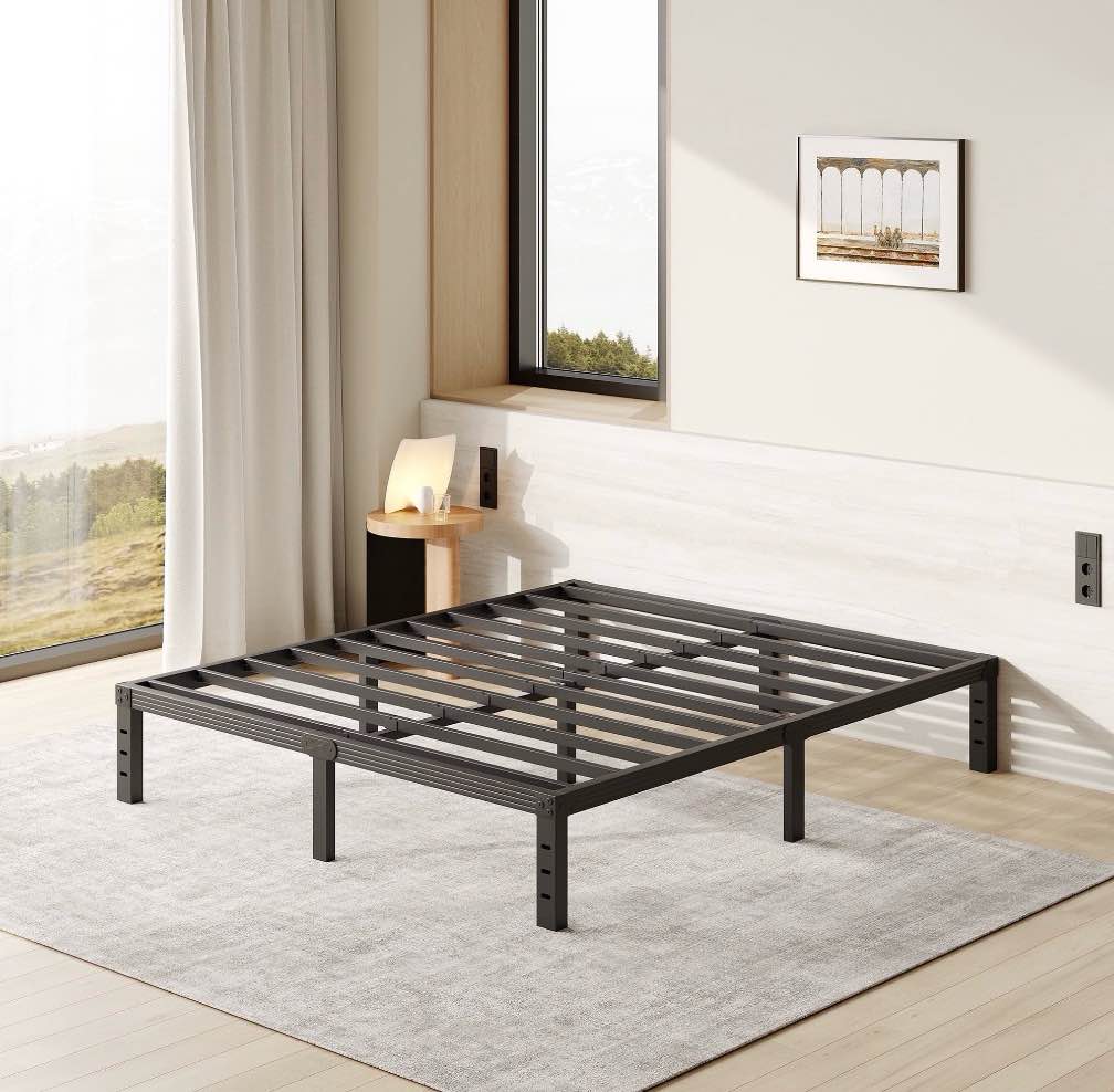 fschos 12 inch queen size bed frame, heavy duty metal platform, no box spring needed, easy assembly, black