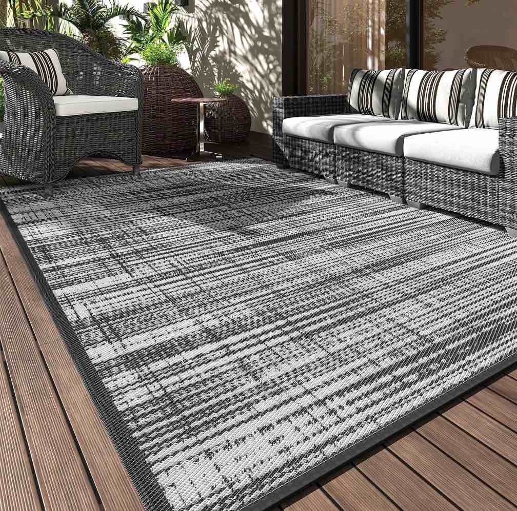 vunate outdoor rug carpet 9'x12' waterproof reversible patio rug portable modern abstract indoor outdoor rug plastic straw rug for rv camping garden picnic deck backyard porch decor gray and white