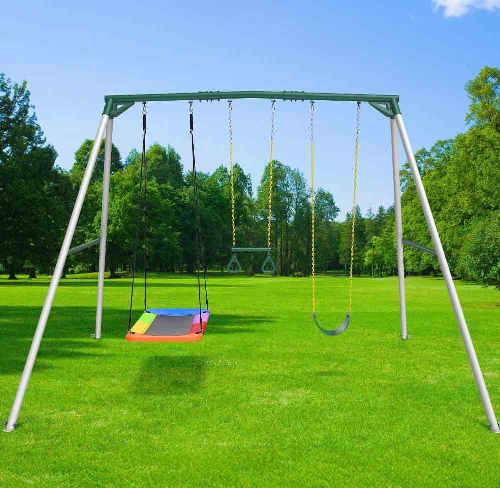 klokick heavy duty metal swing set for kids & adults, 600lb capacity, includes trapeze bar, belt swing & platform swing for outdoor fun