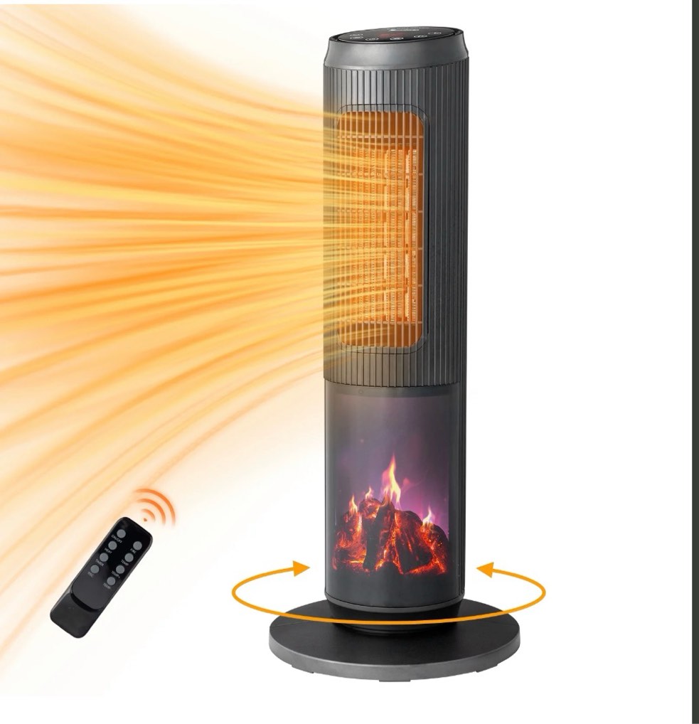 ktaxon 25'' digital tower space heater with remote control, oscillation, 3d realistic flame effect, with adjustable heat settings, overheating & tip-over safety protection for room indoor use