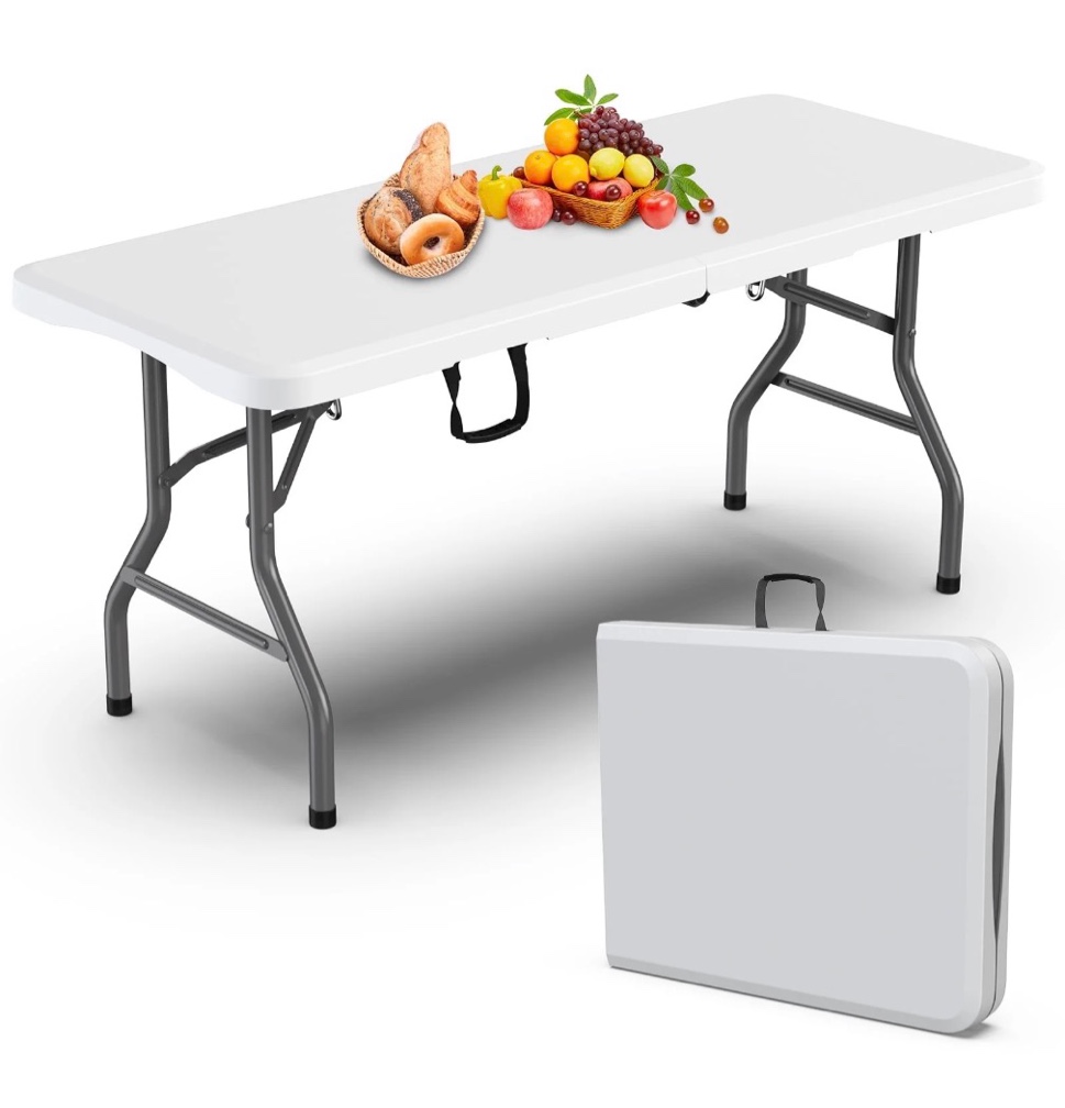 hasiman portable folding table heavy duty fold-in-half plastic table with carrying handle and lock function for dining picnic party camping   6ft  white