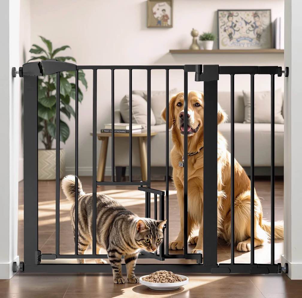 kingso extra tall 30" wide 29.5”- 40.5" auto close baby gate with swing door small pet door for cat dog doorway stairs, black