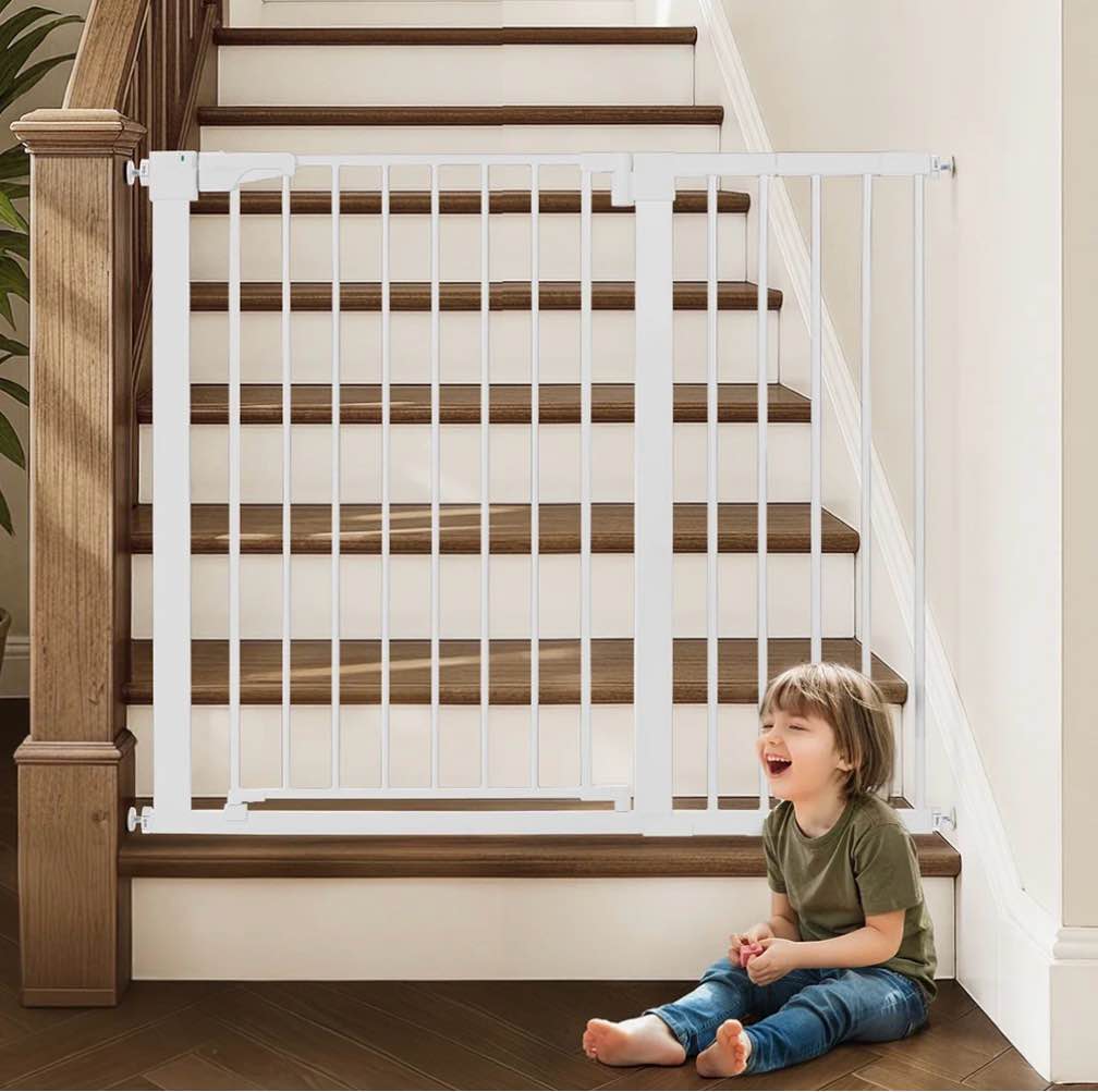baby safety gate, caveen extra tall 36'', 29.5-46'' wide baby gate stairway and hallway, for ages 6 to 36 months, white