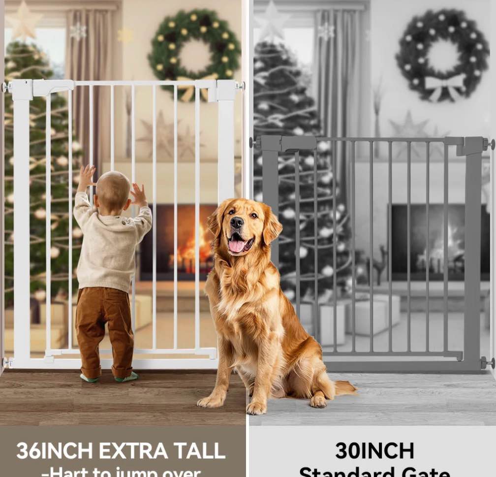 baby safety gate, caveen extra tall 36'', 29.5-46'' wide baby gate stairway and hallway, for ages 6 to 36 months, white