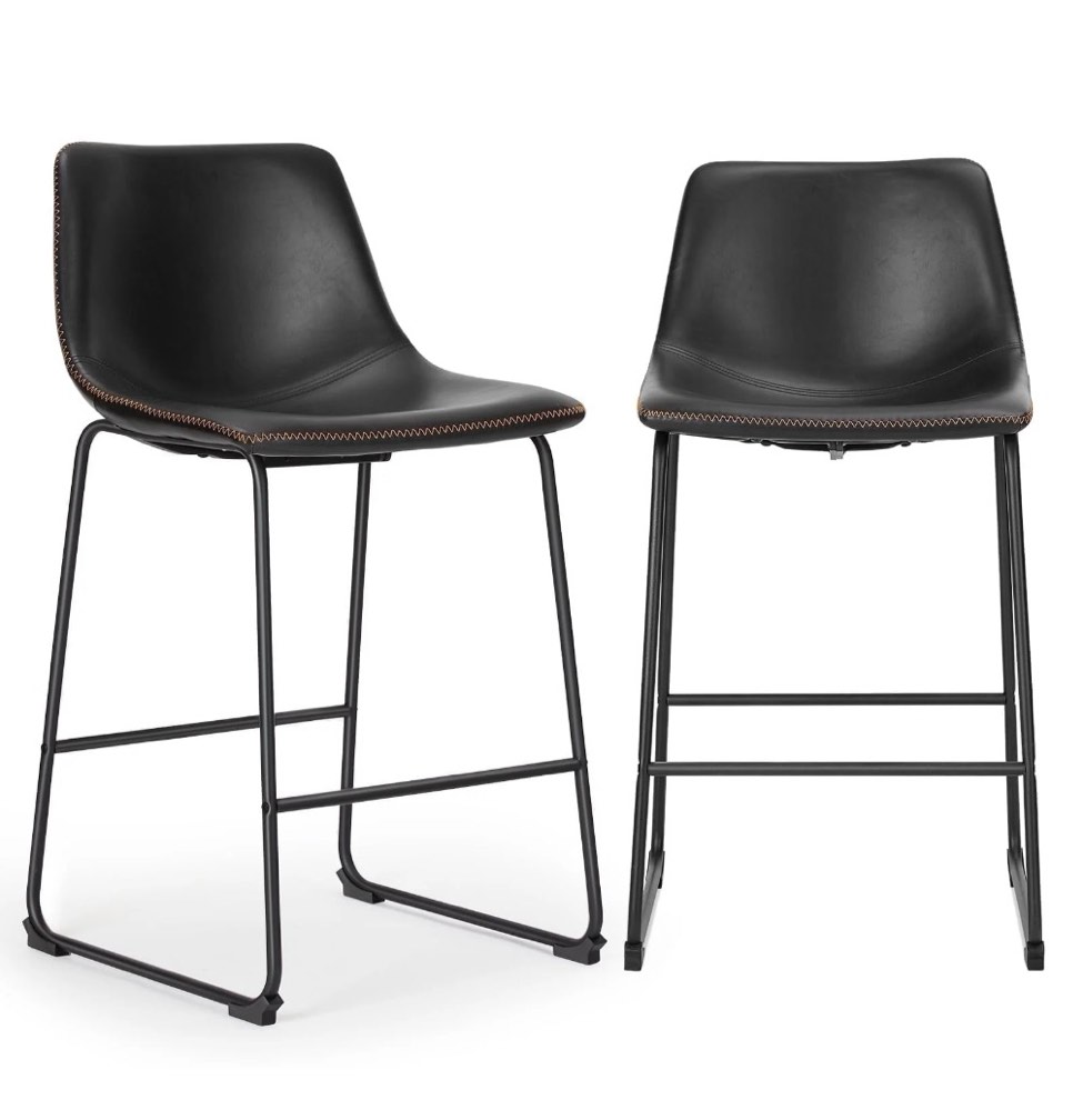 EDX Counter Height Bar Stools Set of 2 With Back and Footrest, Metal Frame, 26 inch, Black