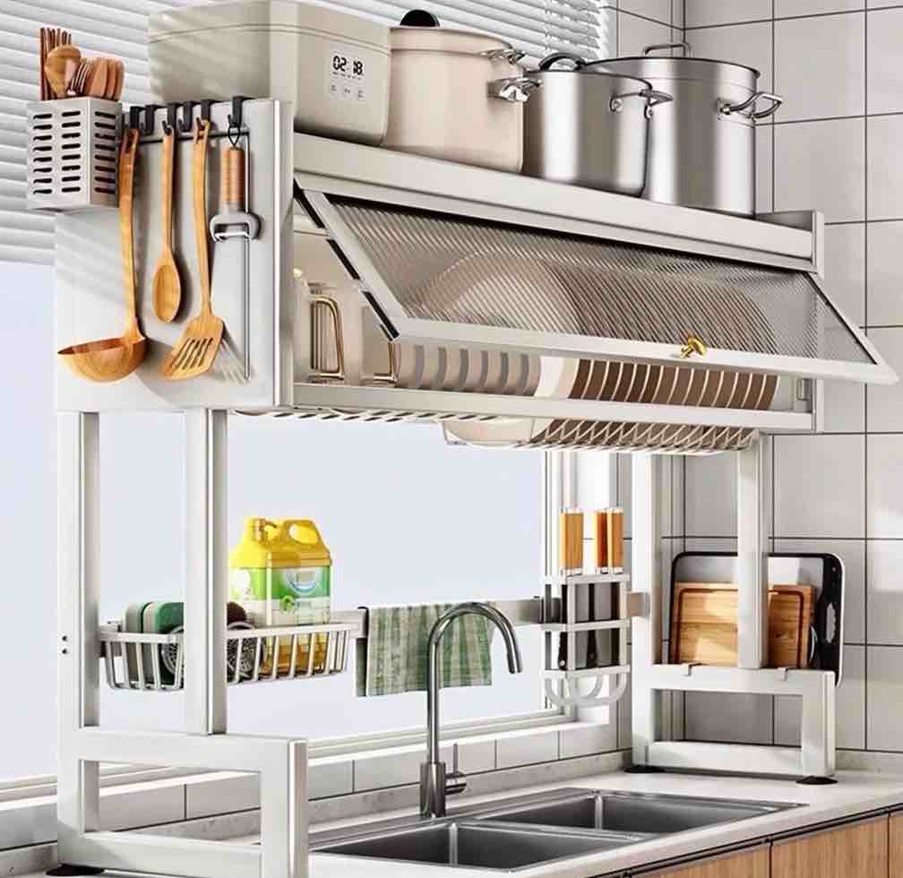 Dish Rack Over Sink for Kitchen  165LBS Load Drying Rack Above Sink with Visible Cabinet Door  Large Carbon Steel Dish Drainer for Dishes  Bowls and Utensils  White