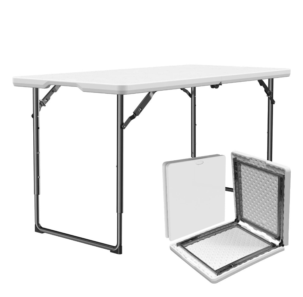 WASUHE Folding Table 4 FT Lightweight Camping Table, Plastic Rectangular Outdoor Table Iron Legs Fold-in-Half, Easy to Store, Perfect for Party, Dining, Wedding, Events, Indoor, Outdoor, White