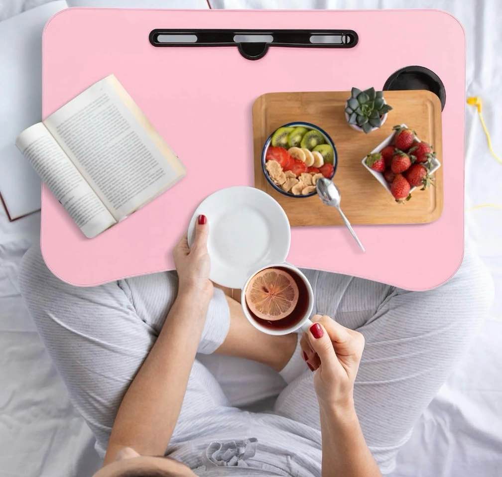 phancir foldable lap desk  23.6 inch portable wood laptop desk table workspace organizer bed tray with ipad slots  cup holder and drawer  anti-slip for working reading writing  eating  watching-pink
