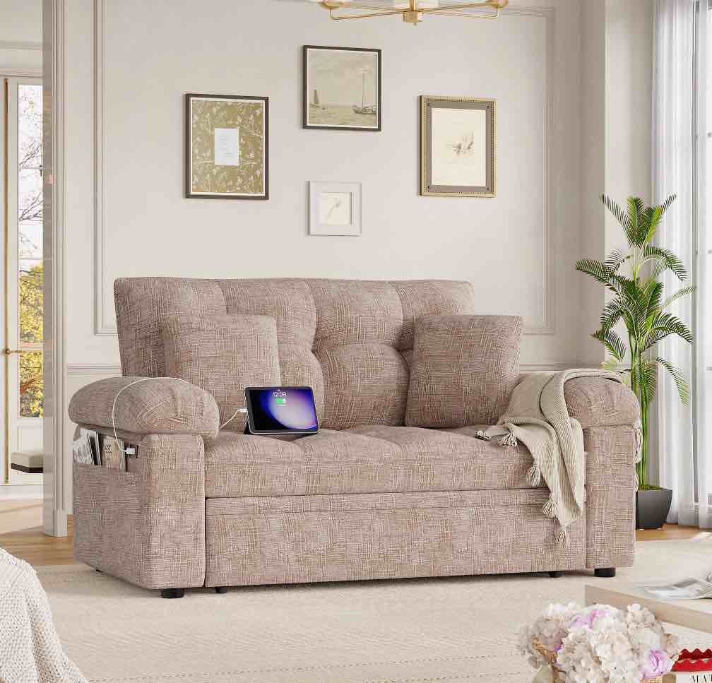 Homfa Modern Sleeper Sofa with Pull-Out Bed, Space-Saving Loveseat with USB Charging Port & 4 Side Storage Pockets & Cushions for Living Room Apartments, Chenille Fabric, Khaki