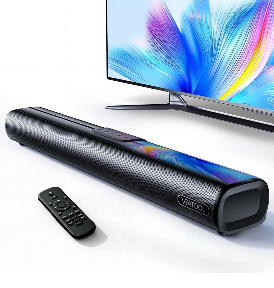 veatool 2.1ch sound bars for tv, soundbar with subwoofer, wired & wireless bluetooth 5.4 3d surround speakers, optical/hdmi/aux/rca/usb connection, wall mountable, remote control