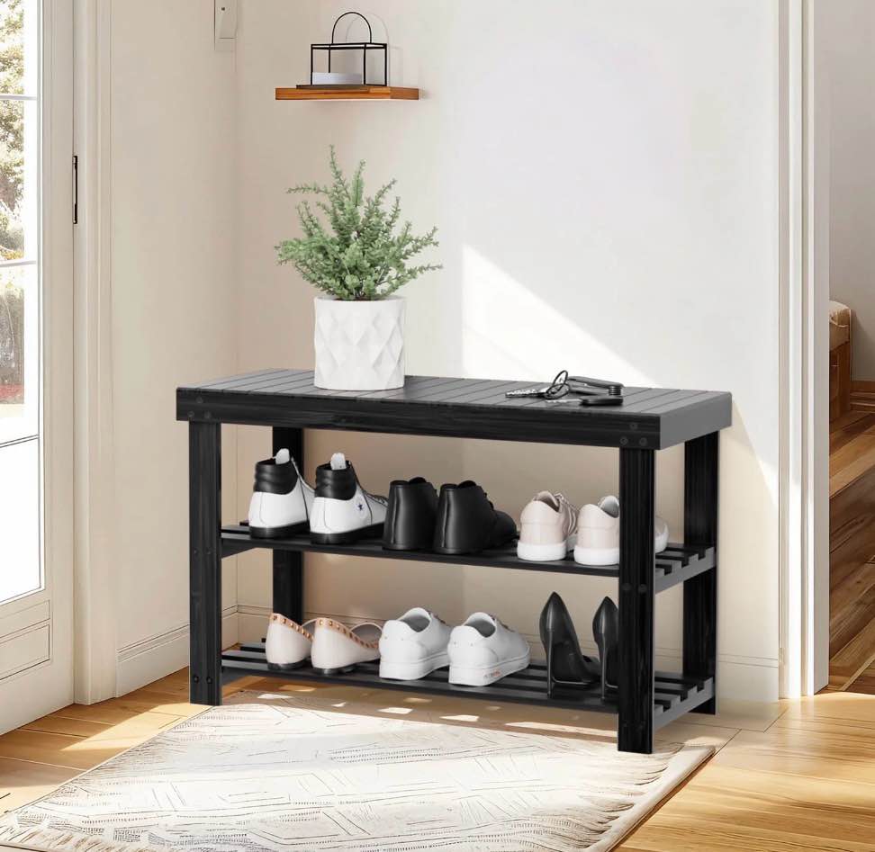 CHITOOMA 3-Tier Bamboo Shoe Storage Bench for Entryway  Wood Hallway Shoe Rack Shoe Organizer Shelf for Living Room Bedroom  11 D x 27.5 W x 17.5 H  Brown