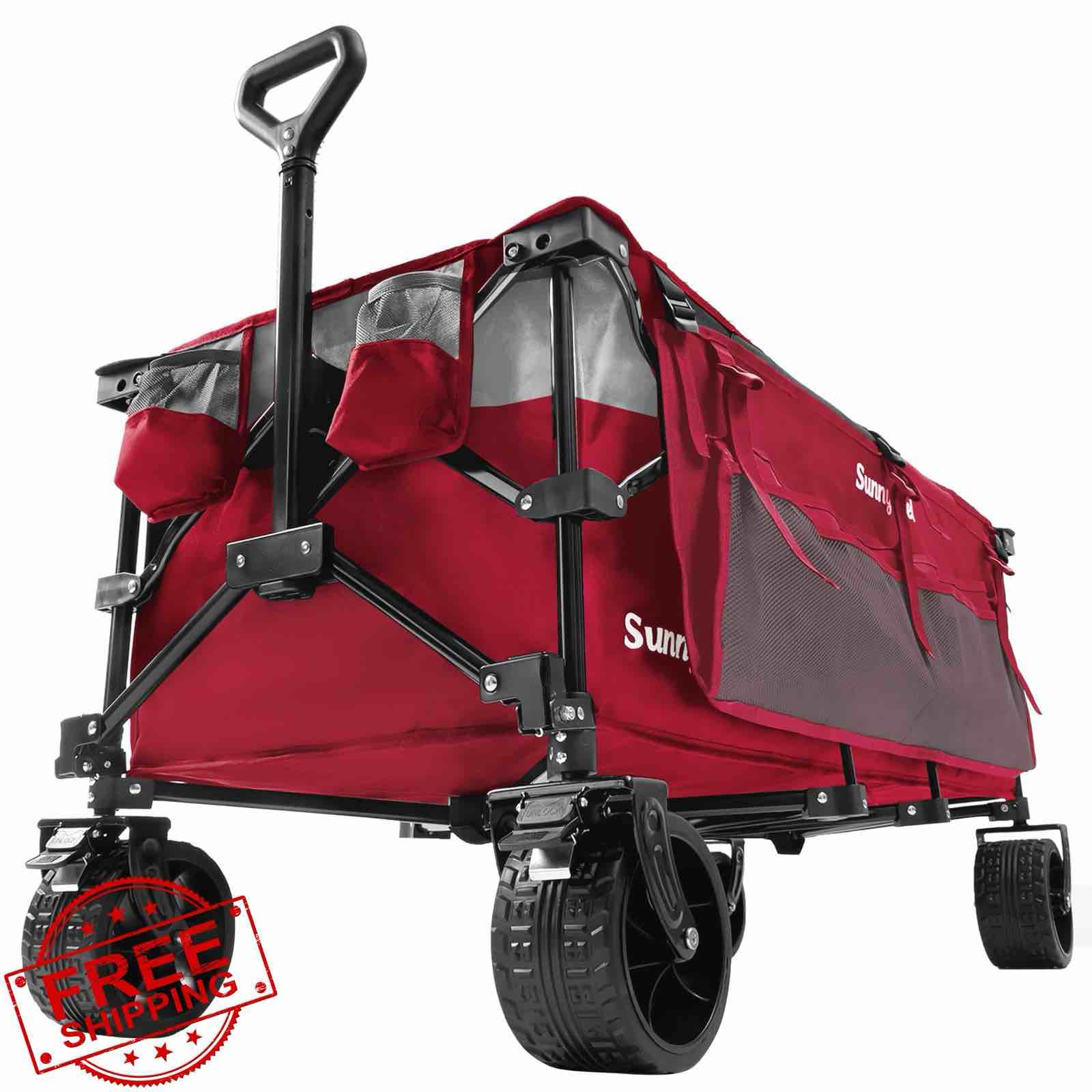 SUNNYFEEL Foldable Wagon Cart 49" Red Big Wheels Heavy Duty