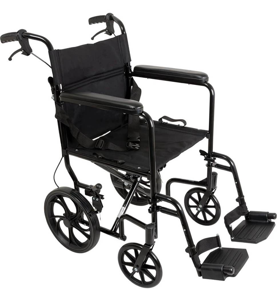 ProBasics Transport Wheelchair With 12  Rear Wheel  Aluminum  Black  Includes Desk-Length Arms & Swing-Away Foot Rests 22 lb  Foldable