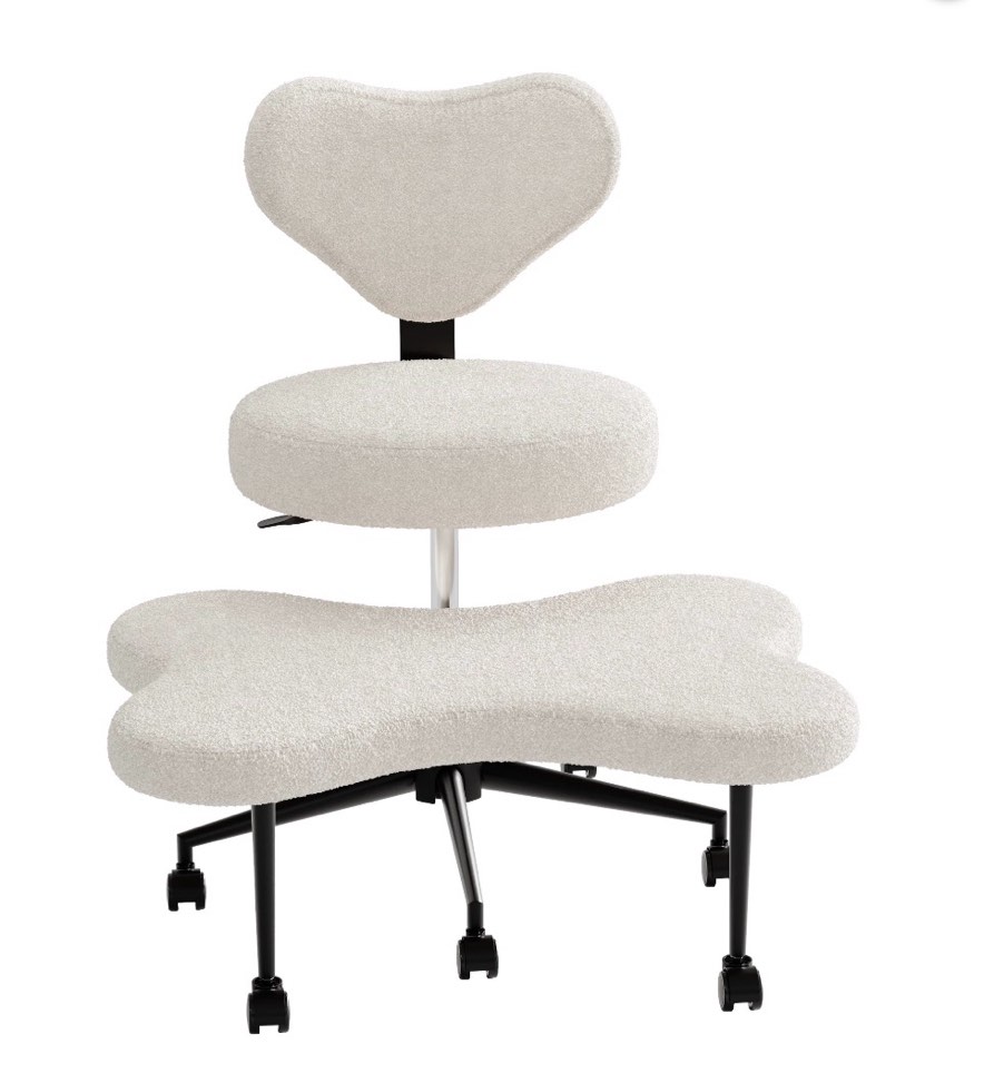 Pinmoco Ergonomic Cross Legged Swivel Chair, Adjustable Height And Teddy Fabric, Meditation Chair With Back Support, Home And Office, Off White
