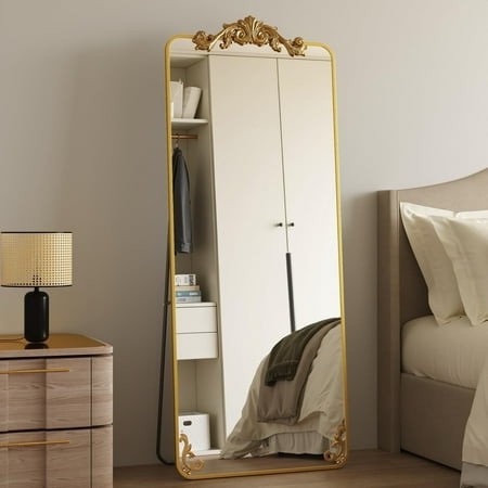 Antok Retro 58  x 18  Full-Length Mirror with Carved Metal Frame  Baroque-Style Floor Mirror for Living Room  Bedroom  Entryway or Hallway  Luxury Gold