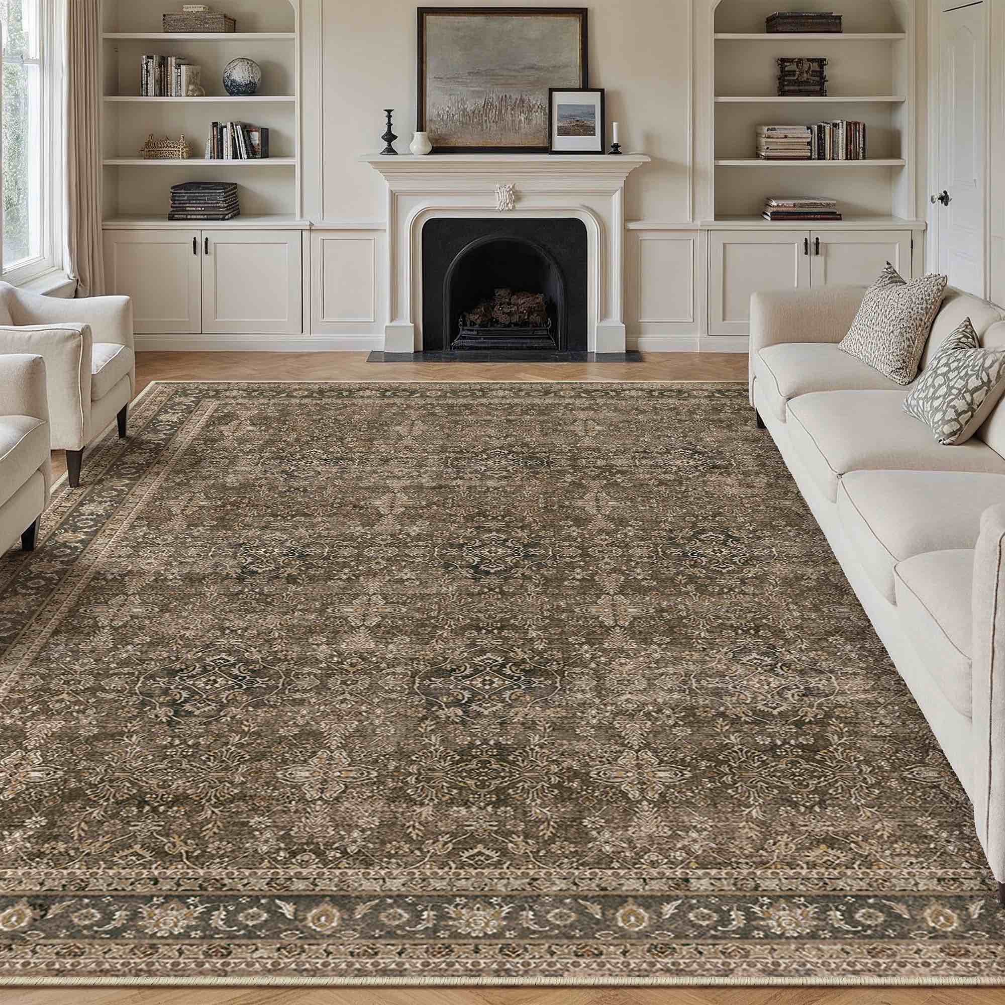 WIPONKEN 9x12 Area Rugs for Living Room Bedroom Dining Room Office Farmhouse  Machine Washable Non Slip Vintage Persia Rug Brown