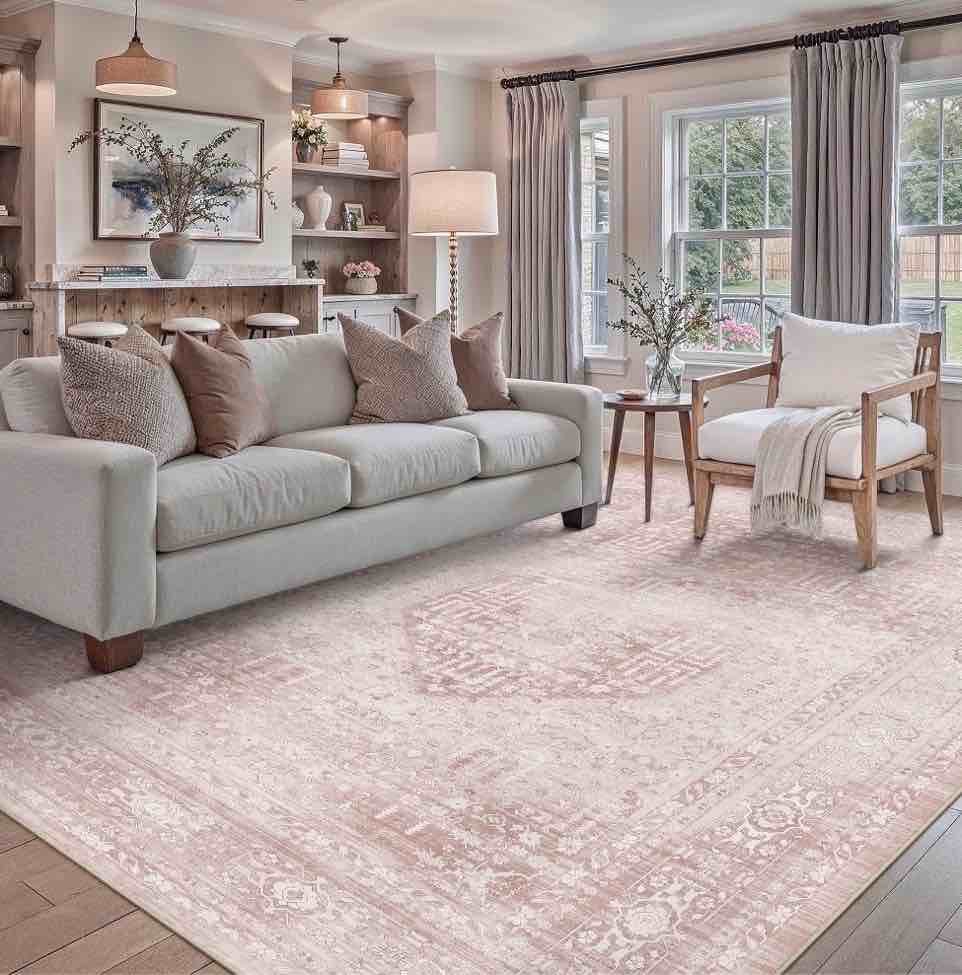  8'x10' Area Rugs for Living Room Large Vintage Pink Carpets for Bedroom Office Machine Washable Farmhouse Dining Room Oriental Rugs Non Slip Traditional Distressed Rugs