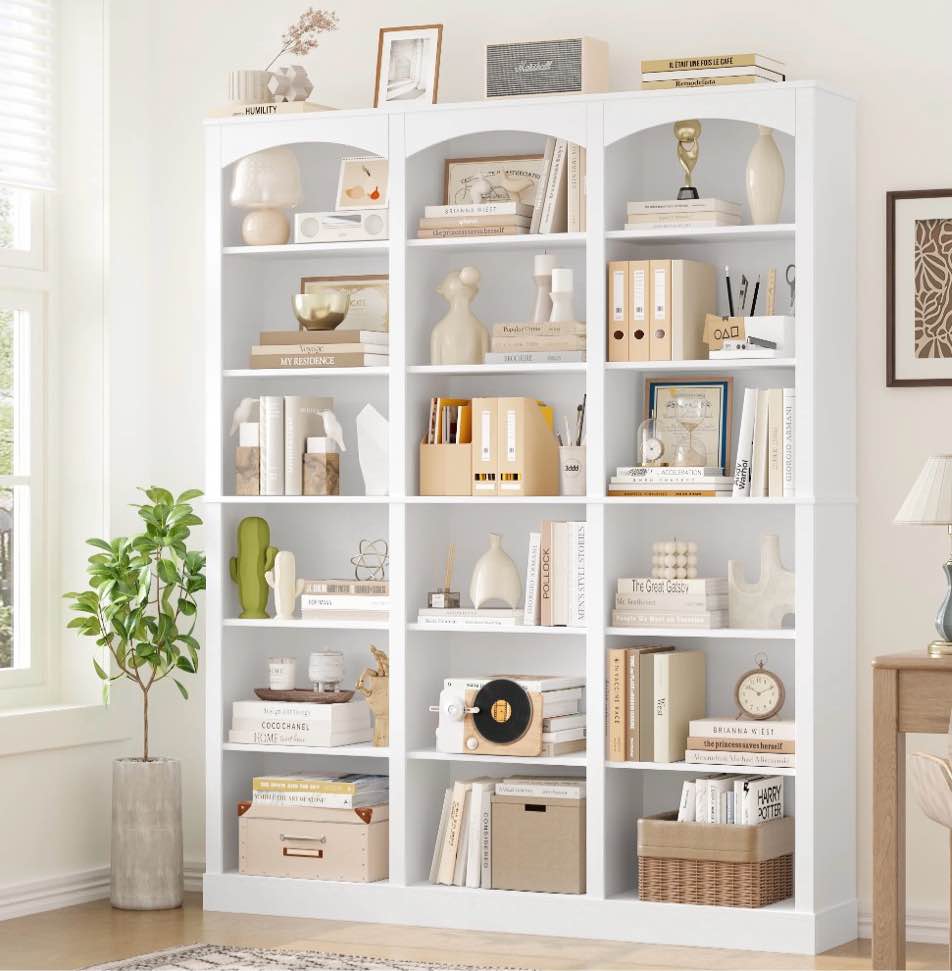 homfa 18-cube bookcase and bookshelves, 71.2" triple width 6 tier freestanding arch library cabinet for home office living room, white bark texture