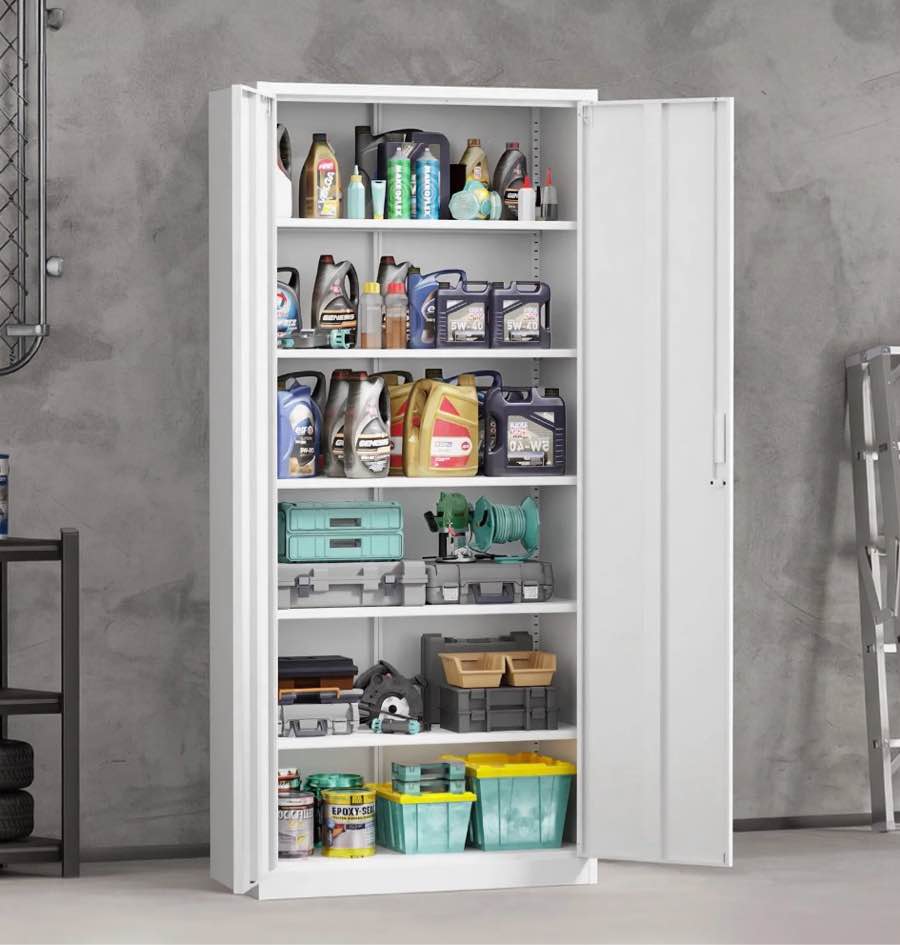 ktaxon 71"h metal garage storage cabinet, heavy duty steel utility locker with 5 adjustable shelves, for home, office, warehouse, garage, white
