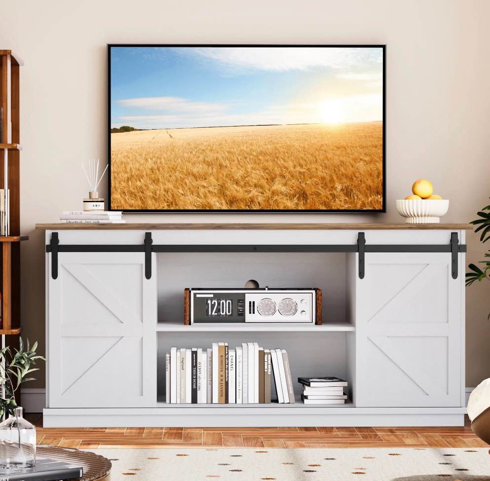 homall tv stand for 65 inch tv, storage cabinet with sliding barn door, entertainment center, white