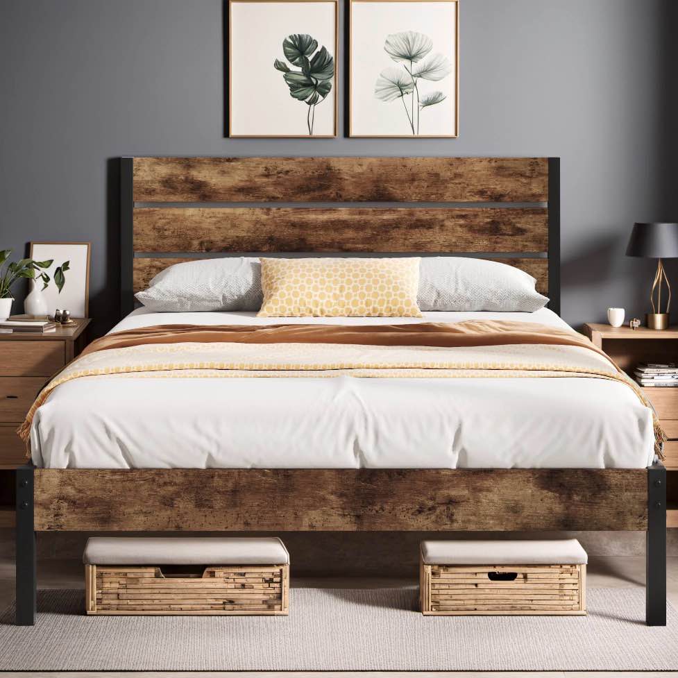 Lifezone Queen Bed Frame with Rustic Vintage Wood Headboard and Footboard,Metal Support,Rustic Brown