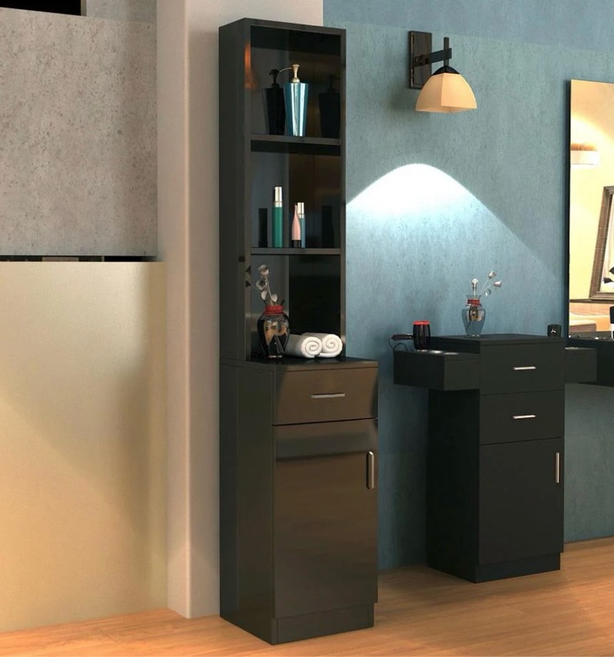 Zimtown Beauty Barber Station Makeup Hair Salon Cabinet  Freestanding Bathroom Tall Cabinet with 5 Shelves & Drawer  Black