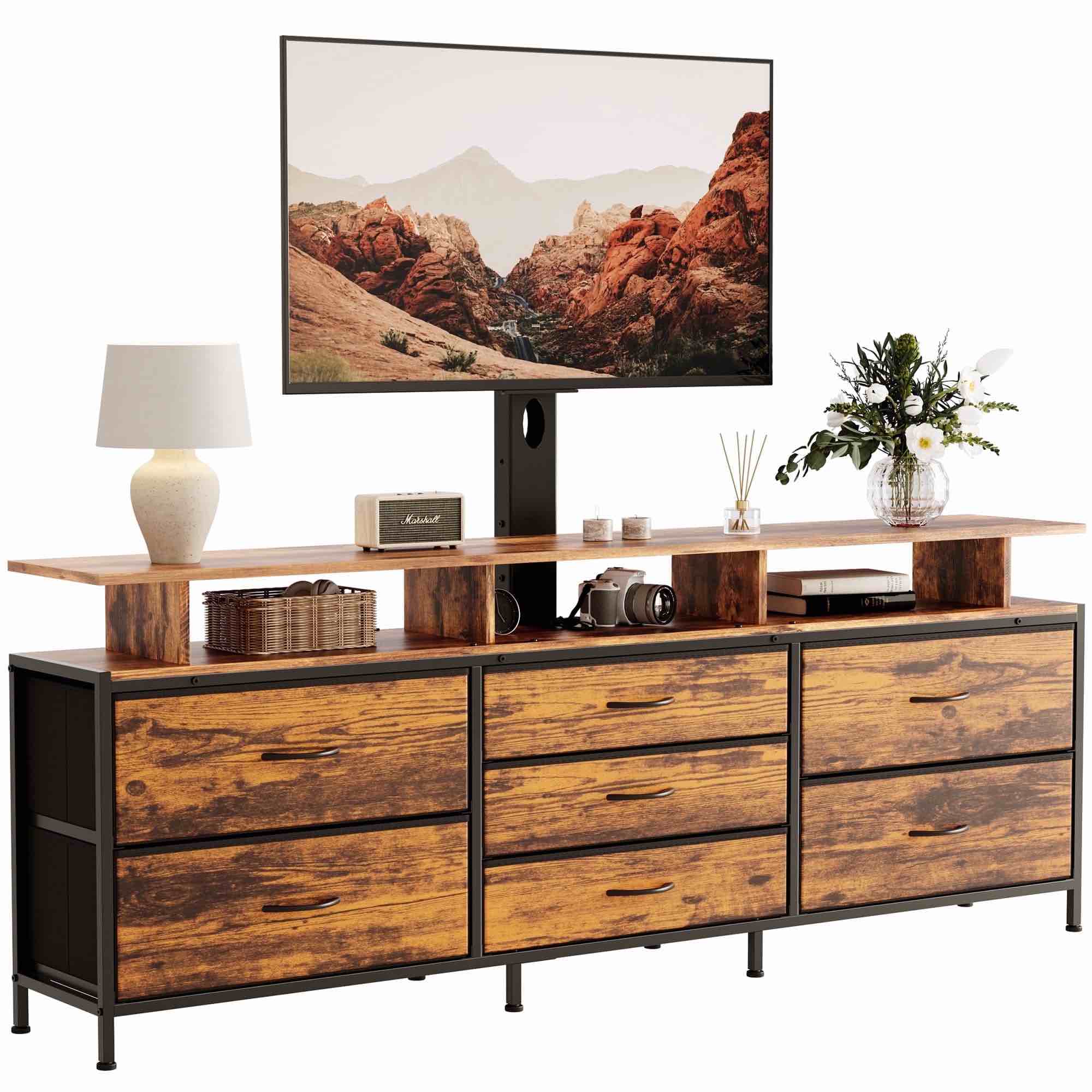 Gunaito TV Stand with Adjustable Mount for TV up to 75", Big TV Stand for Living Room with Storage, Rustic Brown