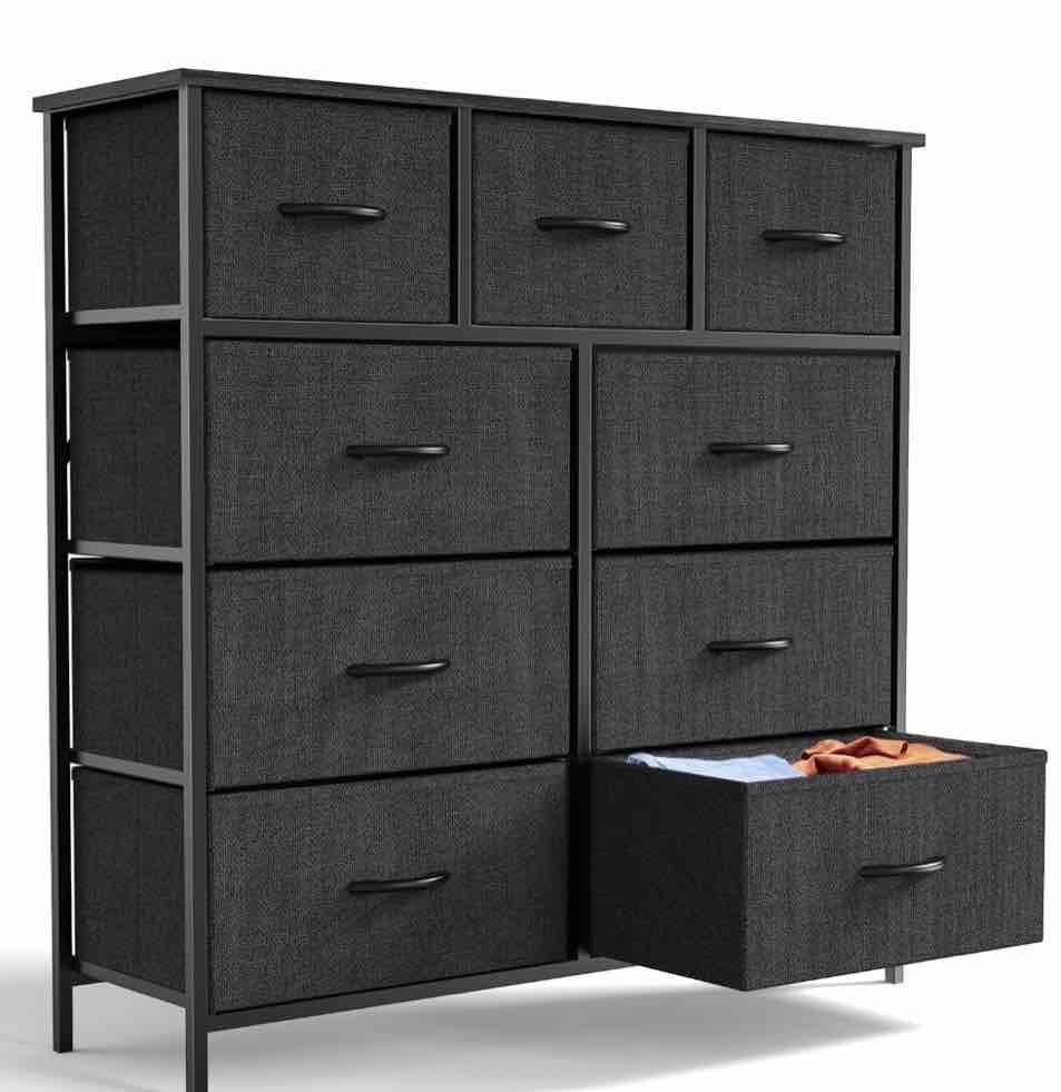 edx 9 Drawer Fabric Dresser for Bedroom, Chest of Drawer Organizer Storage Cabinet for Closet, Entryway, Black