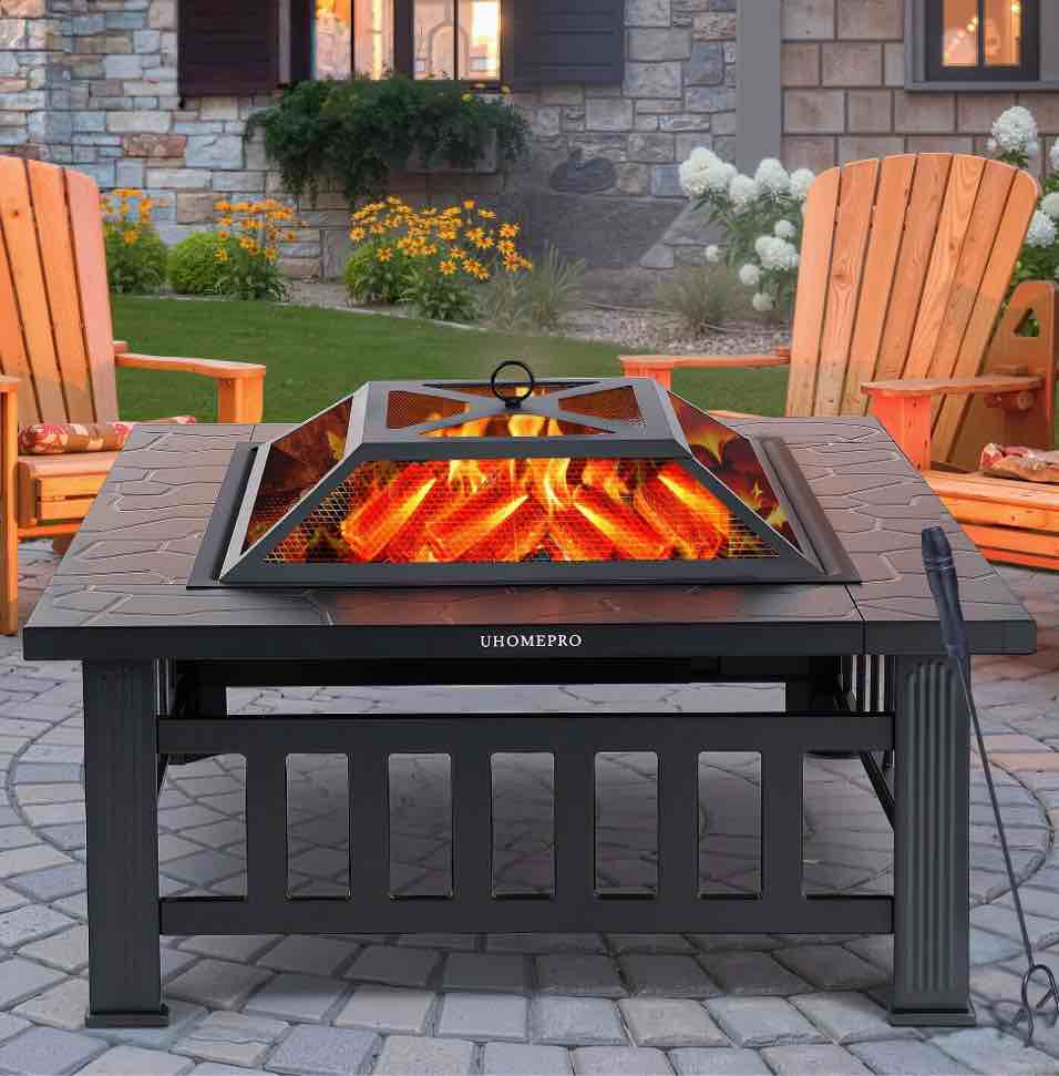 Fire Pits for Outside, 32" Wood Burning Fire Pit Tables with Screen Lid, Poker, BBQ Net, Ice Tray, Food Clip and Cover, Backyard Patio Garden Outdoor Fire Pit/Ice Pit/BBQ Fire Pit, Black
