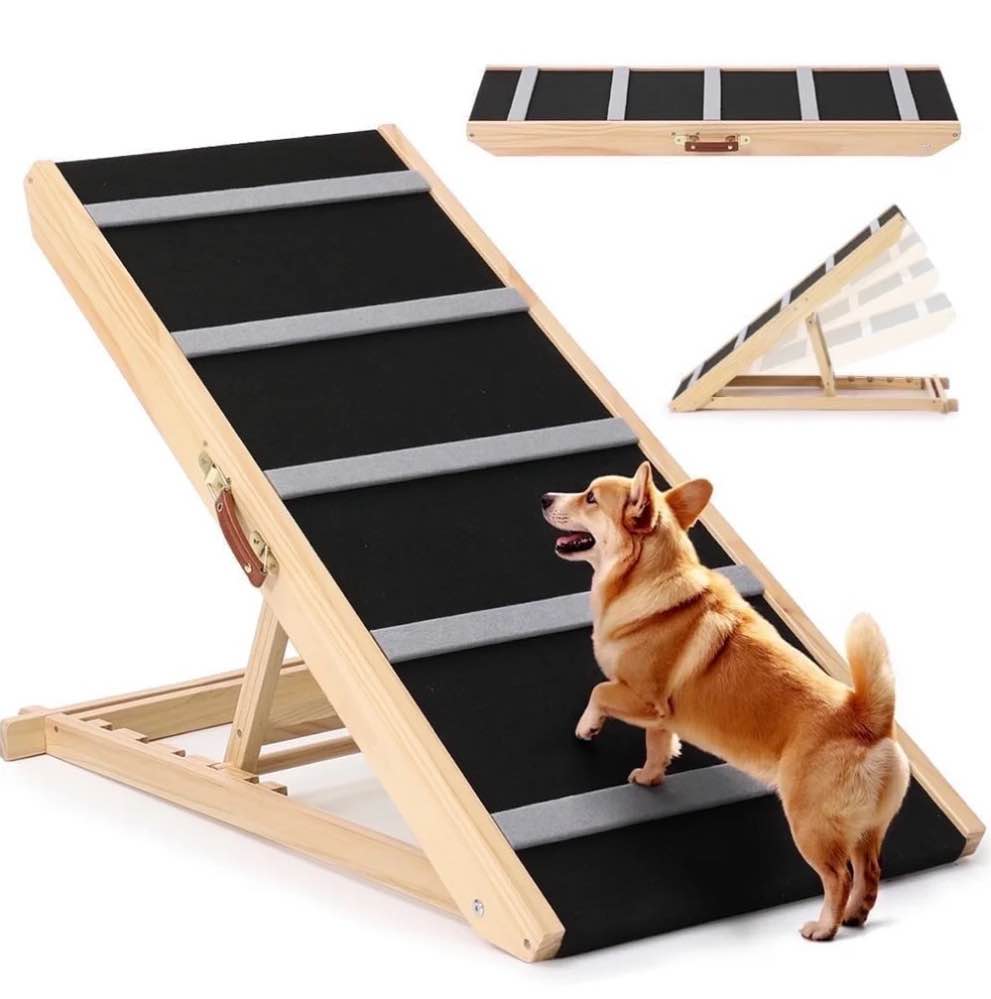 domipet 17" extra wide dog ramp for couch bed car, adjustable height wooden pet ramp for dogs cats, stable foldable pet steps (supports up to 200lbs)