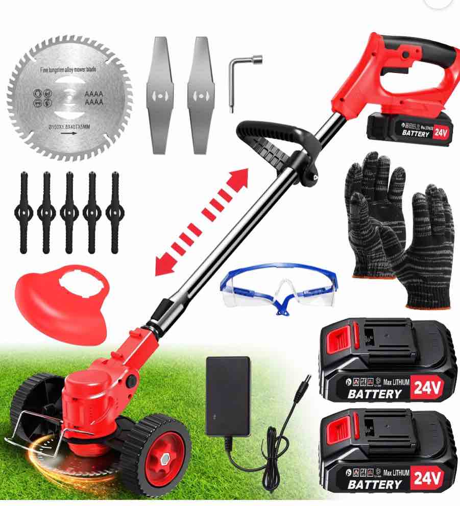 TNTANTS Electric Weed Wacker  Cordless String Trimmer with Wheels  2Pcs 24V Batteries  3 Types of Blades  Adjustable Length  Weed Eater Grass Trimmer/Edger/Brush Cutter for Lawn Yard Garden (Red)