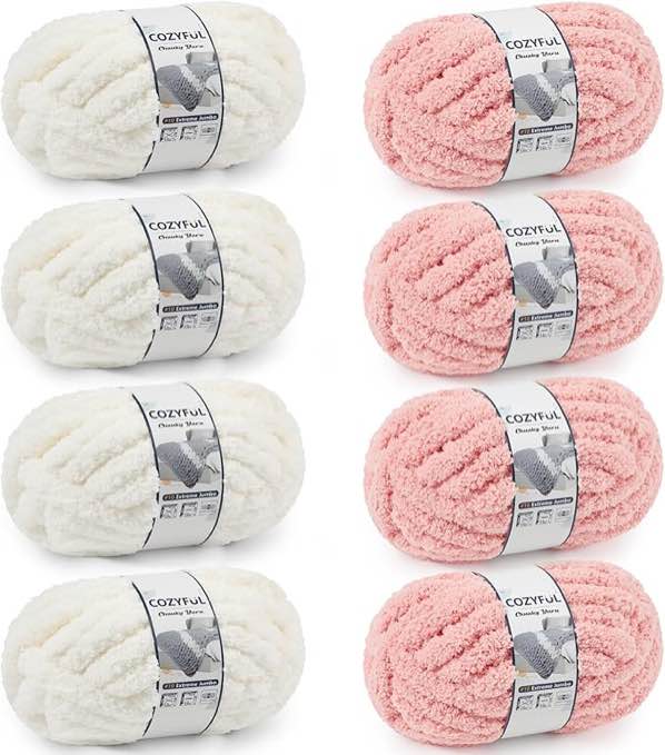 chunky yarn for hand knitting - #10 chunky chenille yarn, jumbo big thick chunky yarns for crocheting, super bulky chunky knit blanket yarns, 8 skein (25 yds 8 oz each skein), cream