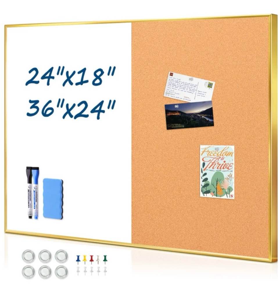 cork board magnetic dry erase board combo 36 x 24 inches lage whiteboard and bulletin board combination aluminum frame vision board with with 2 markers 6 magnets eraser and push pins