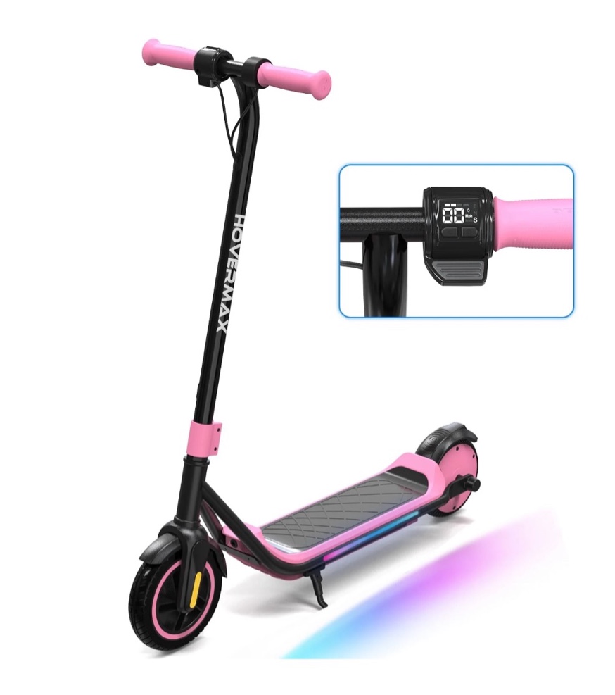 hovermax kids electric scooter - ages 6-12, 10mph, 9.3mi range w/ 7-color lights & 7" tires