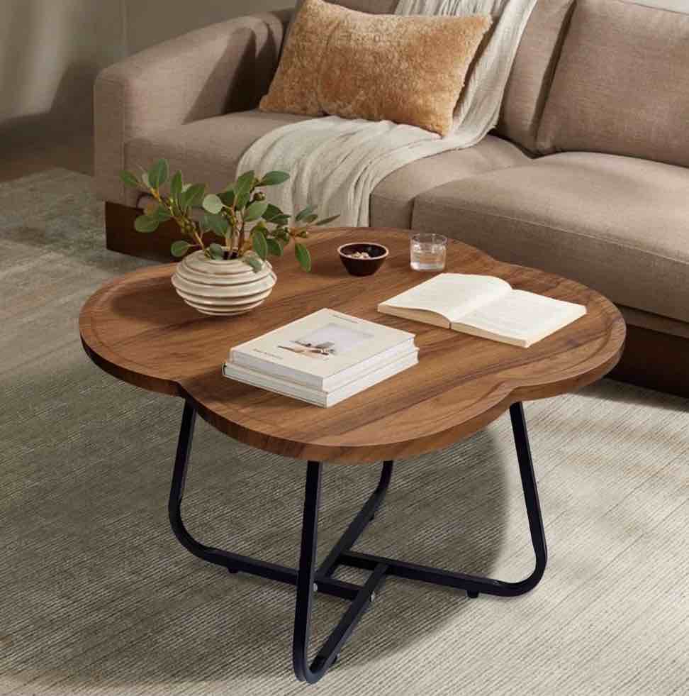 cerbior vintage modern small round coffee table, living room centerpiece, wooden surface top & sturdy metal legs, minimalist display side table (wood flower)
