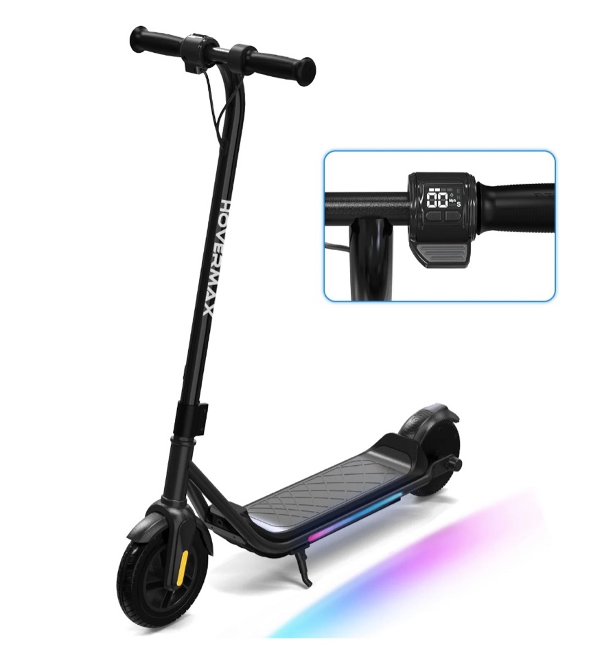 hovermax kids electric scooter - ages 6-12, 10mph, 9.3mi range w/ 7-color lights & 7" tires