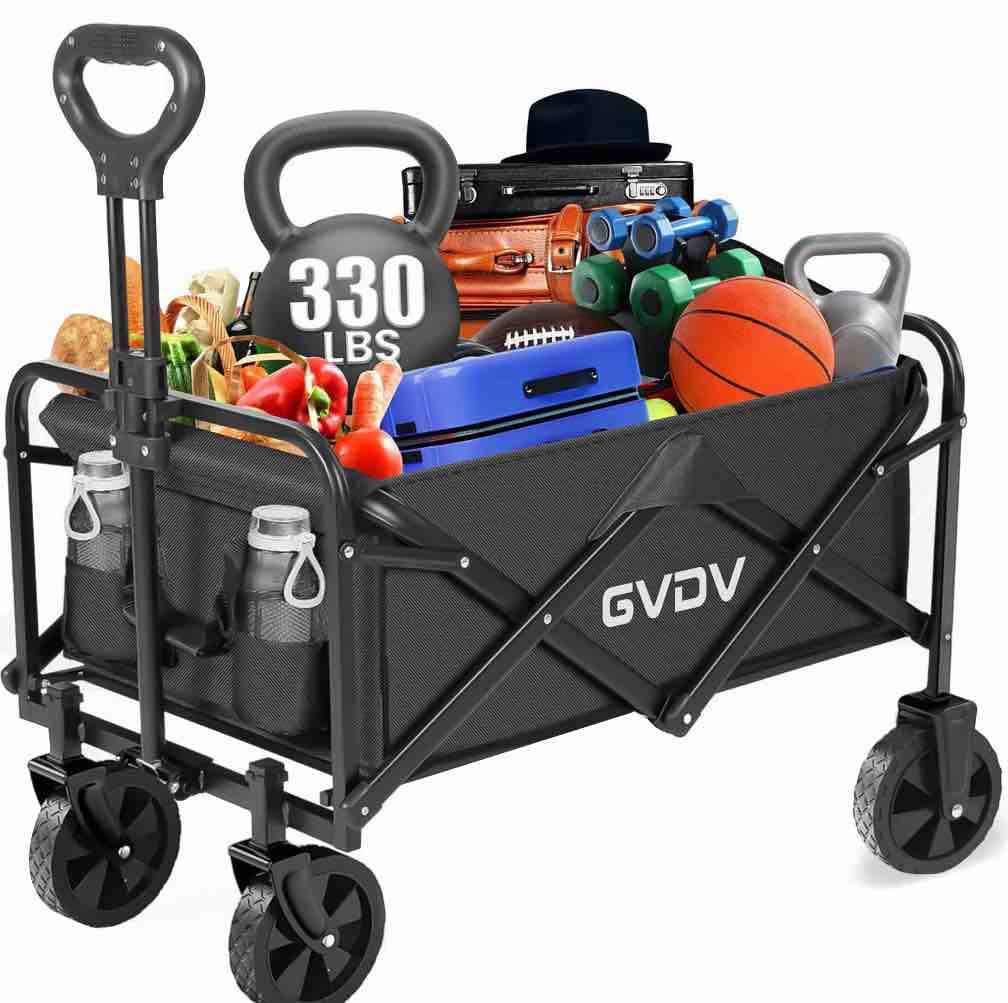 gvdv collapsible wagon cart, portable utility wagon for camping, beach, picnic, shopping, sports, and grocery transport, black