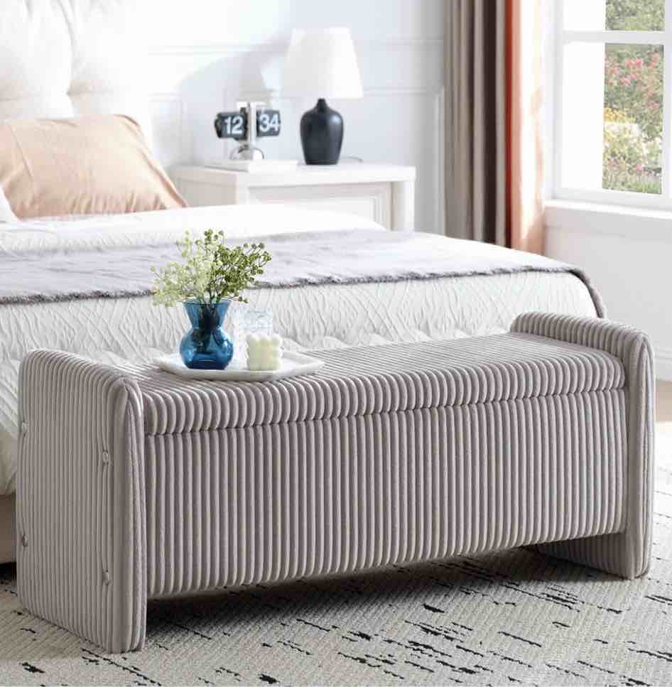 pinmoco 44" storage ottoman bench, upholstered entryway bench with storage end of bed bench for bedroom& living room, corduroy gray