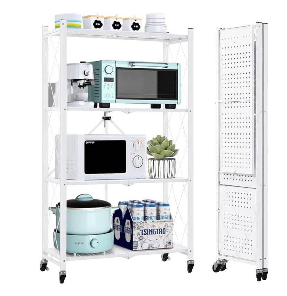 cookcok 4-tier storage shelving unit  metal shelf  foldable storage shelf with wheels  27.9 x13.4 x49.72  garage shelf  kitchen shelf with 4 hooks  no assemble require  white