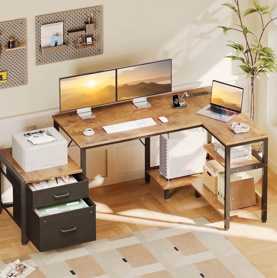 casacomoda l shaped desk with power outlets, large computer desk with file drawer, home office desk with printer stand & storage shelves, corner desk, vintage