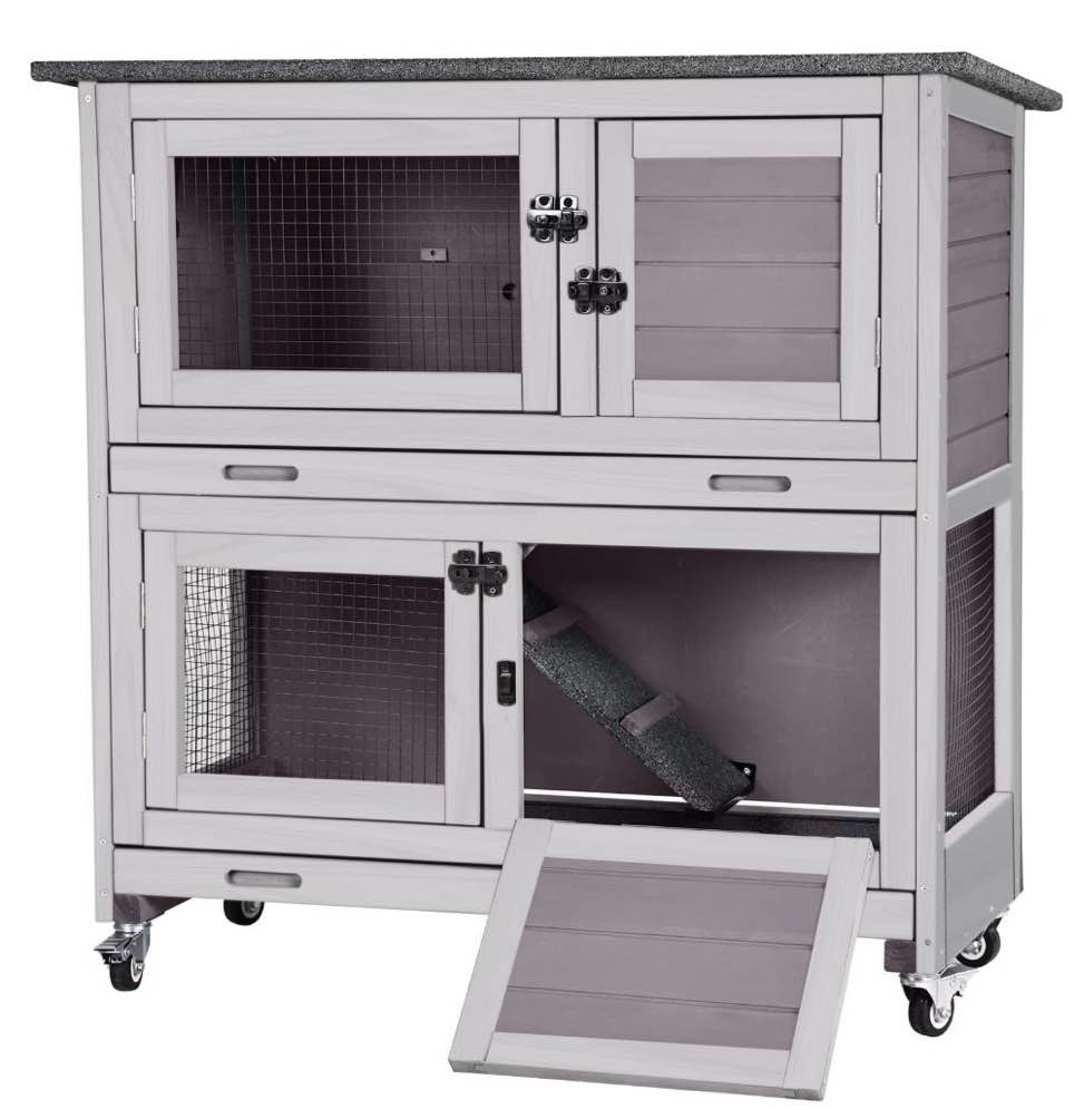 aivituvin rabbit hutch bunny cage outdoors & indoors with wheel  two layer guinea pig house