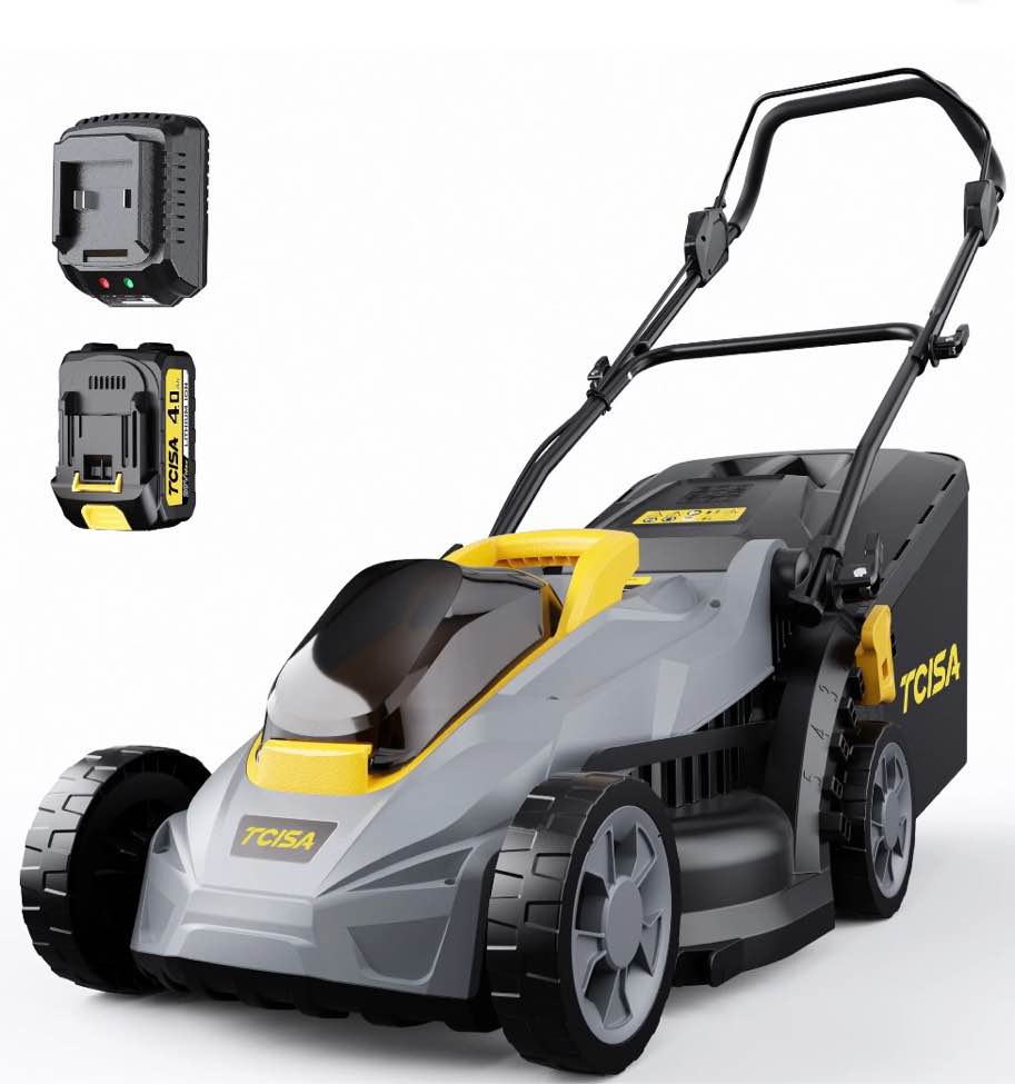 20v 13'' cordless lawn mower, multi-functional grass cutter with 4.0ah battery, 5 adjustable height settings, durable manganese steel blades, easy to use for small lawn