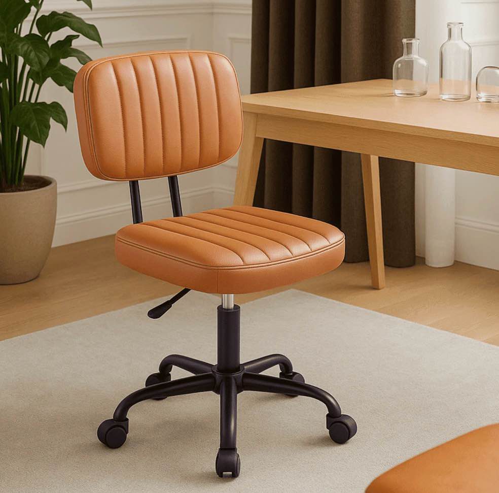 concetta ergonomic home office pu leather desk chair, small space, armless rolling chair for adults, brown