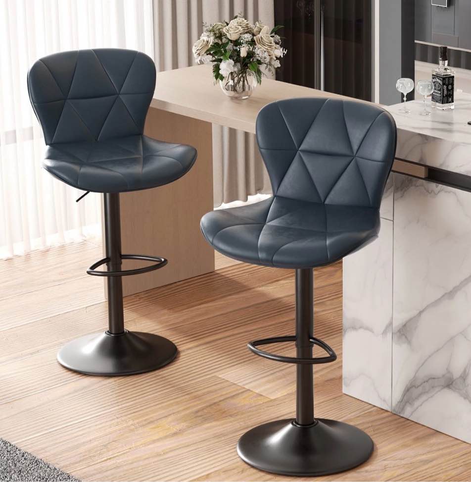 hawsaiy modern bar stools set of 2, adjustable faux leather upholstered swivel bar stools, counter height bar chairs with back for kitchen island, dark blue
