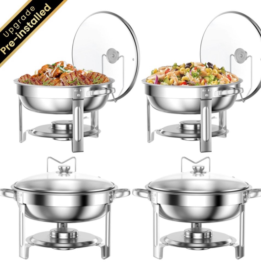 chafing dish buffet set 4 pack: tinana 5qt stainless steel chafing dishes for buffet with glass lid & lid holder  round chafers and buffet warmers sets for parties  events  wedding  camping  dinner