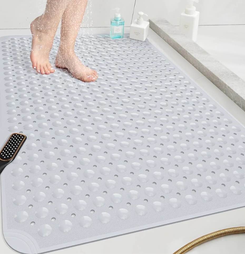 othway extra large shower mat 47x32, tpe non slip shower mat, inside shower mat with drain holes suction cups, walk in shower mat for shower stall, anti-slip for elderly kids (light gray)