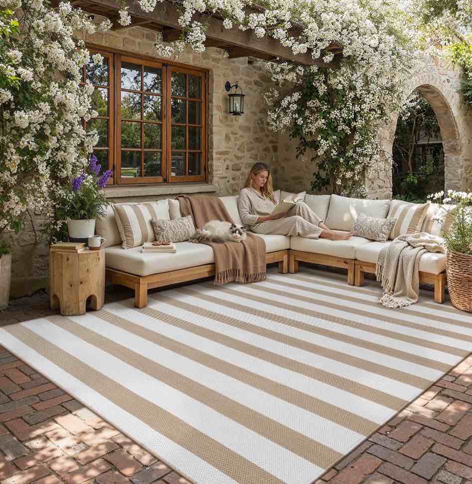 berthmeer outdoor rugs 9'x12' on sale clearance plastic waterproof reversible patio rugs large geometric stripes rugs lightweight straw carpets for rv camping deck balcony porch,beige white
