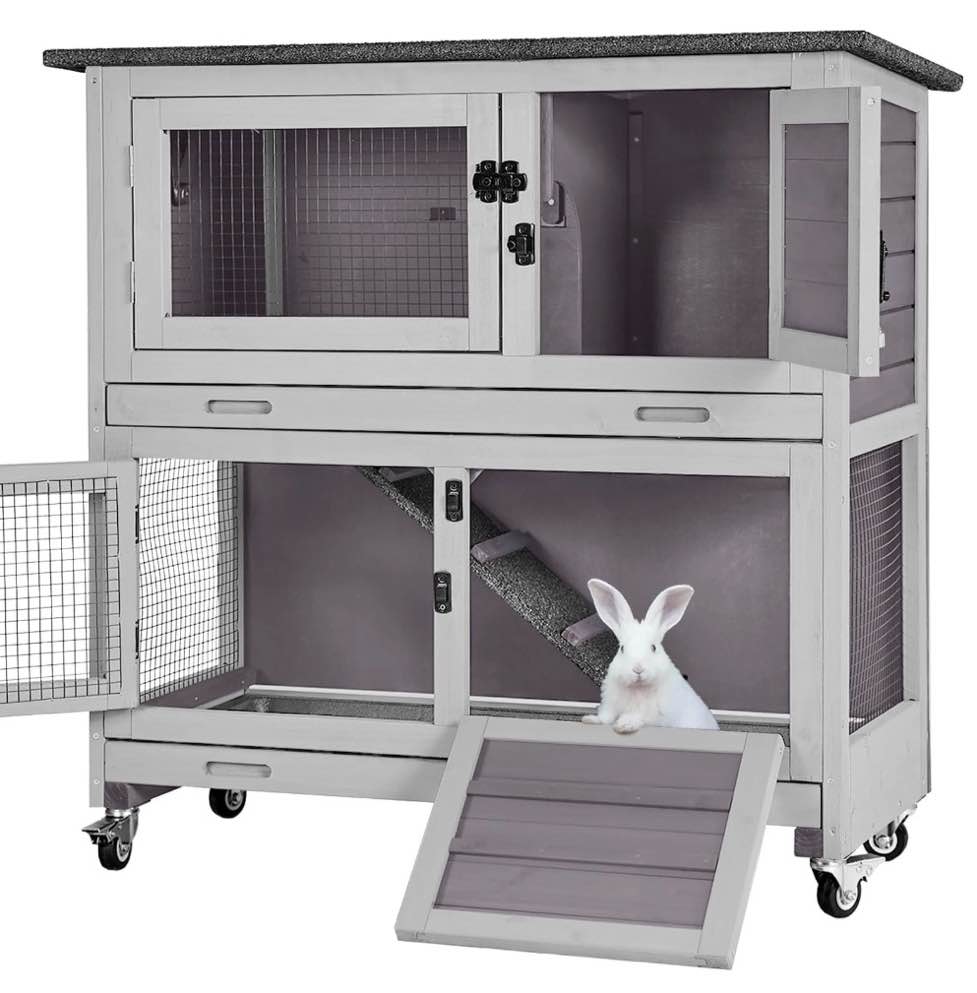 aivituvin wheeled 2-story regular wood rabbit & guinea pig small animal hutch